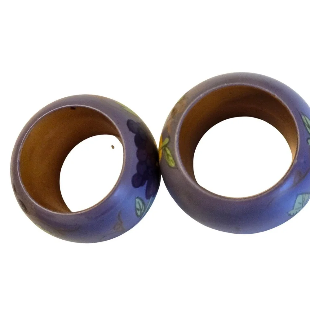 Vintage Hand Painted Wooden Fruit Napkin Rings Set 2 Farmhouse Country Decor